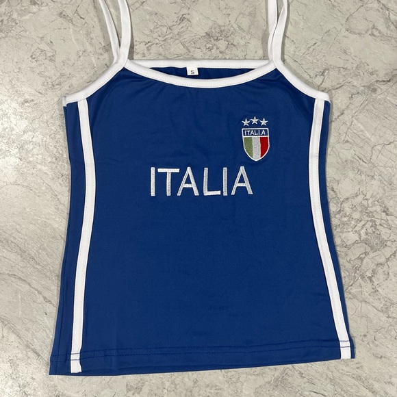 ITALIA Blue White Embroidered Italy Crop Top Y2K Euros Jersey Shirt Tank Tops - Picture 2 of 3